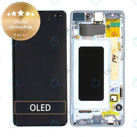 Samsung Galaxy S10 Plus G975F - LCD Kijelző + Érintőüveg + Keret (Prism Blue) - GH82-18849C, GH82-18834C Genuine Service Pack