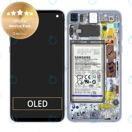 Samsung Galaxy S10e G970F - LCD Kijelző + Érintőüveg + Keret + Akkumulátor (Prism Blue) - GH82-18843C, GH82-18843A Genuine Service Pack