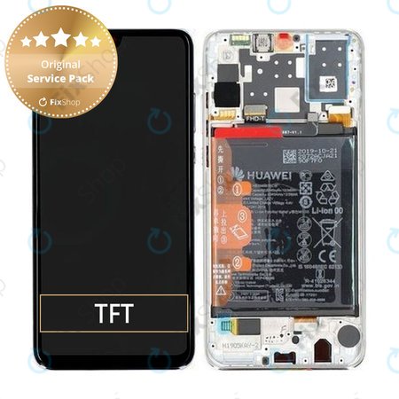 Huawei P30 Lite (2020) - LCD Kijelző + Érintőüveg + Keret + Akkumulátor (Pearl White) - 02352PJN Genuine Service Pack