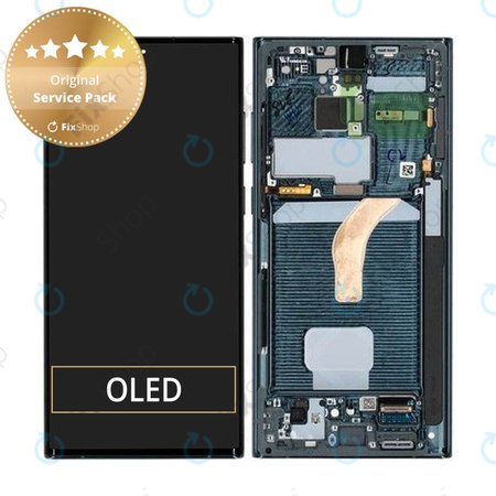 Samsung Galaxy S22 Ultra S908B - LCD Kijelző + Érintőüveg + Keret (Green) - GH82-27489D, GH82-27488D Genuine Service Pack