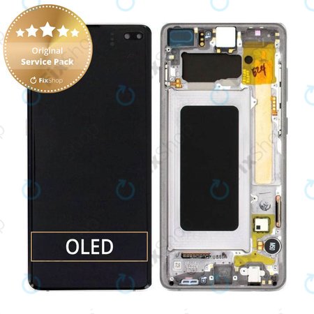 Samsung Galaxy S10 Plus G975F - LCD Kijelző + Érintőüveg + Keret (Prism Black) - GH82-18849A, GH82-18857A, GH82-18834A Genuine Service Pack