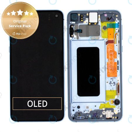 Samsung Galaxy S10e G970F - LCD Kijelző + Érintőüveg + Keret (Prism Blue) - GH82-18852C, GH82-18836C Genuine Service Pack